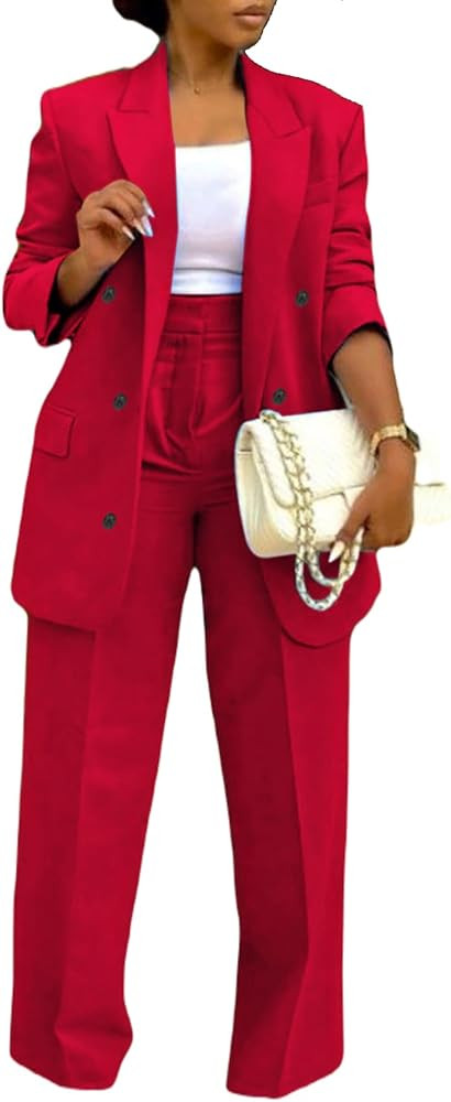 LROSEY 2 Piece Outfits for Women Dressy Double Breasted Blazer Jackets High Waisted Wide Leg Pant... | Amazon (US)