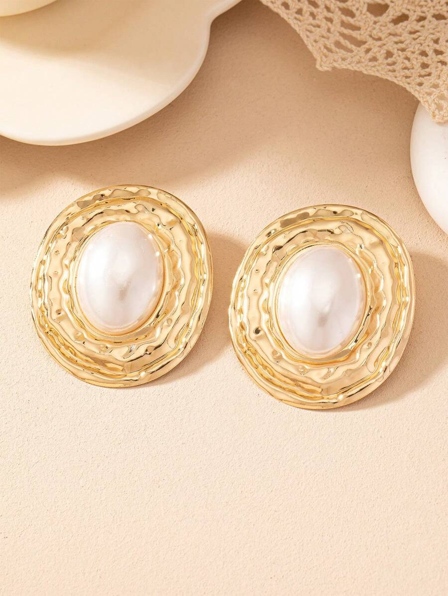 1pair Geometric Texture Oval Pearl Inlay Pendant Vintage Elegant Women Earrings | SHEIN