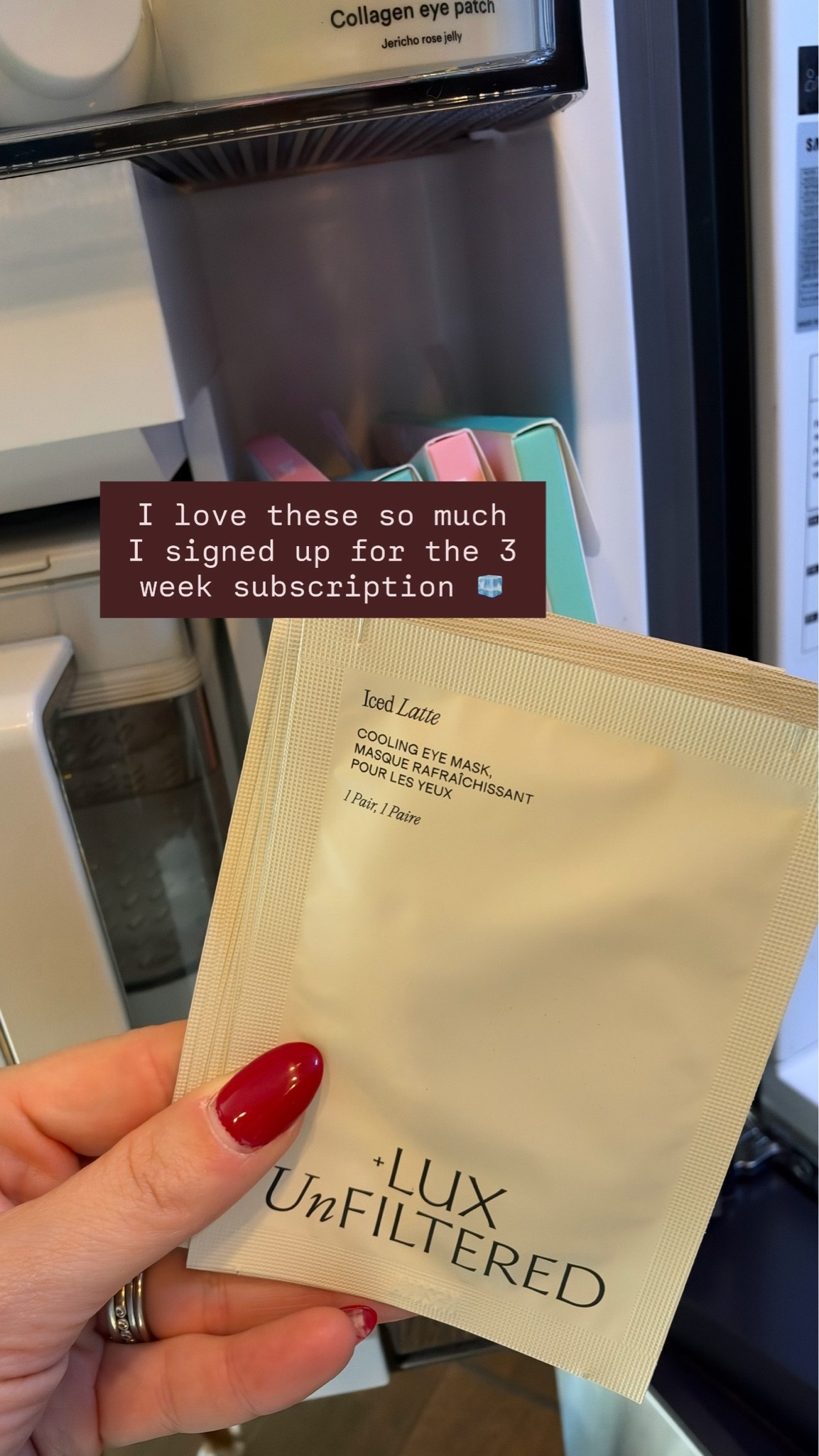 The BEST under eye patches!! They are cloth and don’t fall off and have a cooling under eye sensation. Keep in the fridge and *chefs kiss