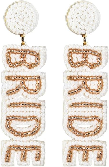Handmade Braid Wedding Bride Beaded Dangle Earrings Bohemian BRIDE Letter Bridal Earrings for Wom... | Amazon (US)