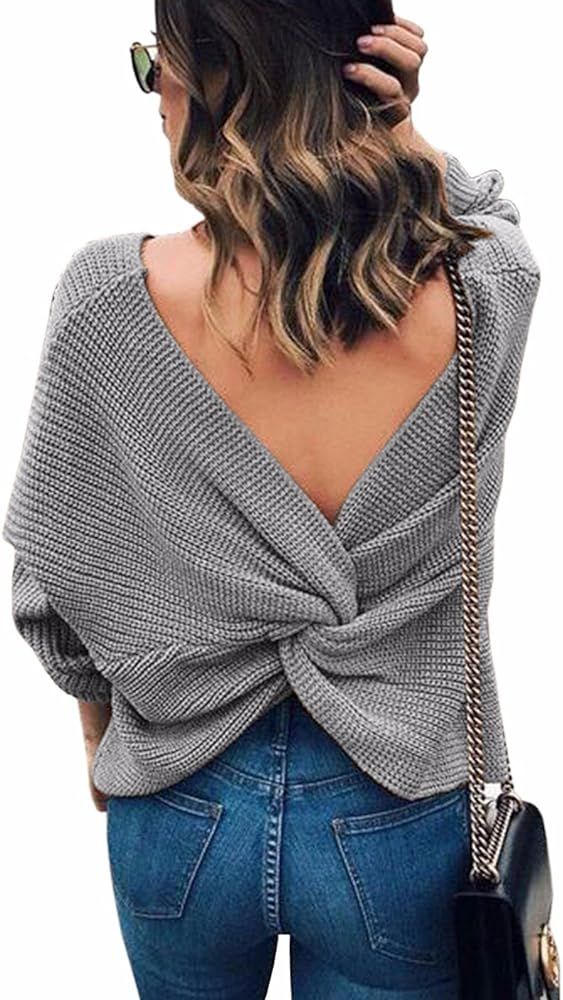 Sexyshine Women's Casual V Neck Criss Cross Backless Long Batwing Sleeve Loose Knitted Sweater Pullo | Amazon (US)