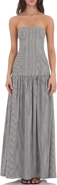UAURORAO Women Gingham Strapless Maxi Dress Drop Waist Tube Long Dresses Off Shoulder Backless Fl... | Amazon (US)