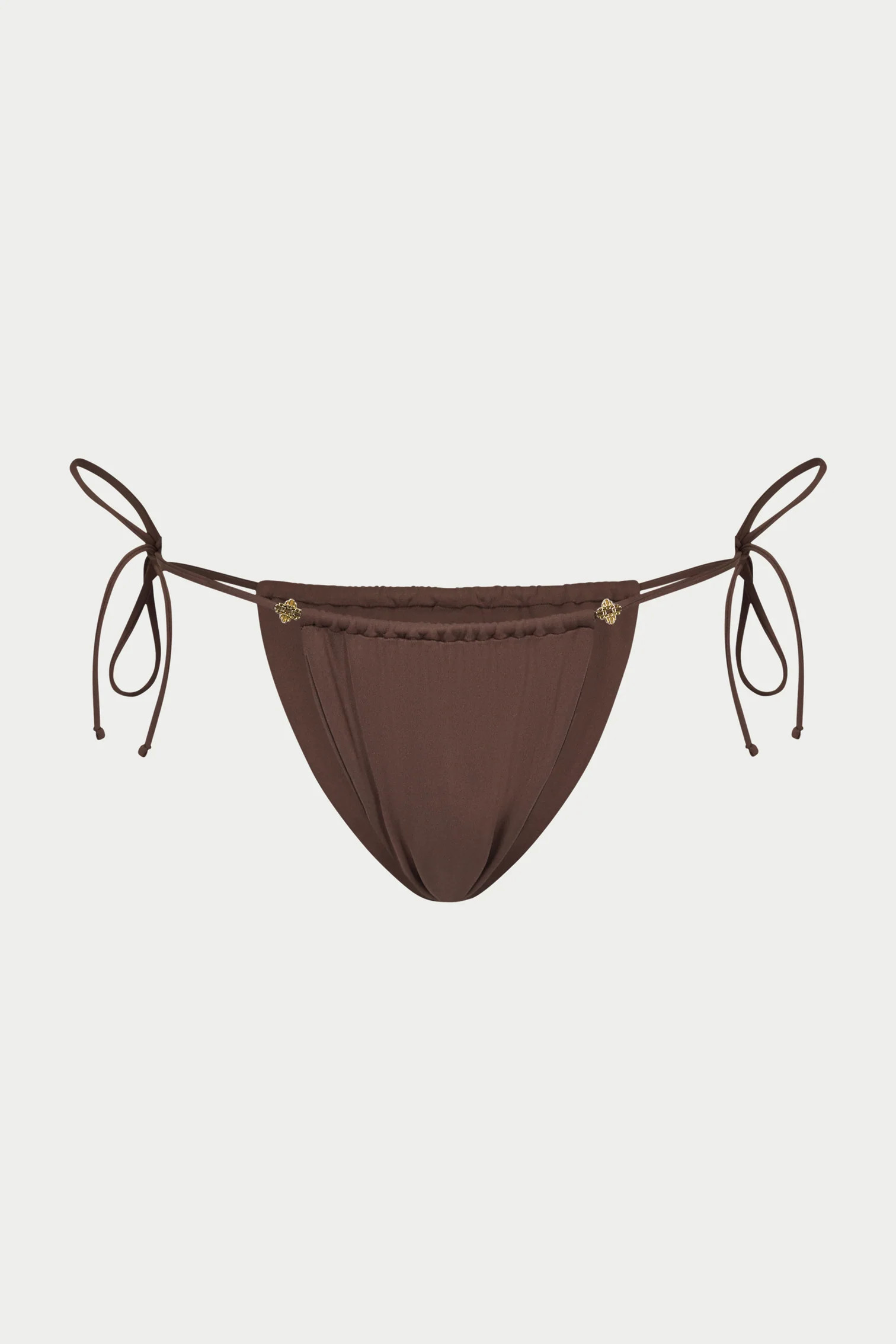 SIDE TIE EMBLEM BIKINI BOTTOMS - CHOCOLATE | The Couture Club