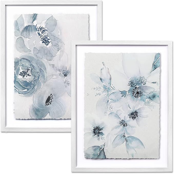 ArtbyHannah 12x16 Framed Blue Floral Wall Art Decor with Watercolor Flowers Botanical Deckled Edg... | Amazon (US)