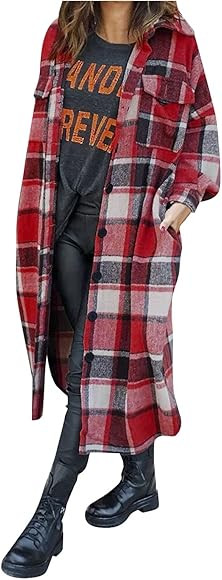 Women Flannel Shacket Plaid Print Long Sleeve Lapel Long Jackets Cardigan Coat | Amazon (US)