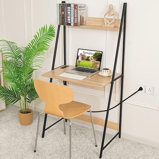 SpringSun Computer Desk with Power Outlet 2-Tier Ladder Computer Table with Storage Bookshelf, US... | Amazon (US)