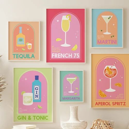 Set of 6 Cocktail Prints Gallery Wall | Digital Art Download | Cute Colorful Liquor Drink Bar Pri... | Etsy (US)
