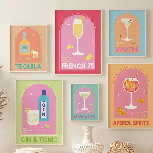 Set of 6 Cocktail Prints Gallery Wall | Digital Art Download | Cute Colorful Liquor Drink Bar Pri... | Etsy (US)