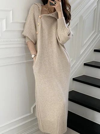 Women Plain Winter Elegant Natural Heavyweight Micro-Elasticity Daily Loose Turtleneck Dresses | Stylewe