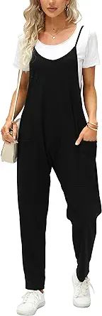 Fisoew Women's Summer Sleeveless Loose Casual V Neck Jumpsuits Spaghetti Strap Long Pants Baggy O... | Amazon (US)