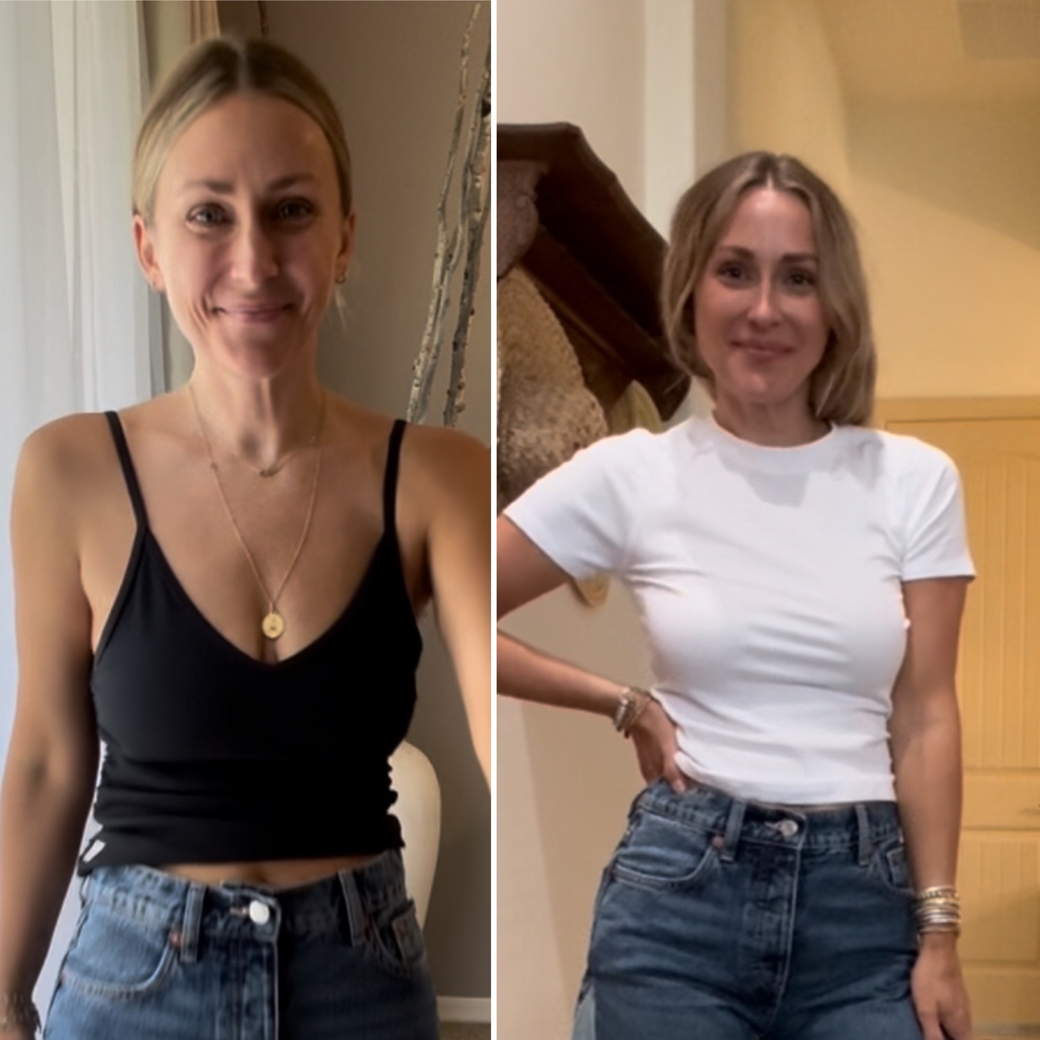 Wearing a small in both and fit like a dream! Could size down if you want a snugger fit 