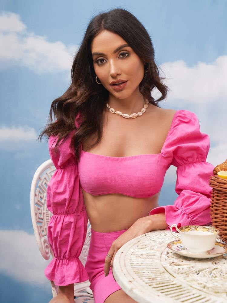 SHEIN VCAY Gather Sleeve Tie Back Crop Top | SHEIN