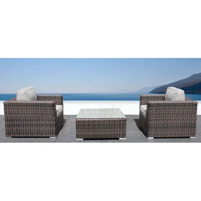 3-Piece Outdoor Wicker Seating Set with Tempered Glass Table – Aluminum Frame, Sunbrella Cushions, Removable Covers | Wayfair North America
