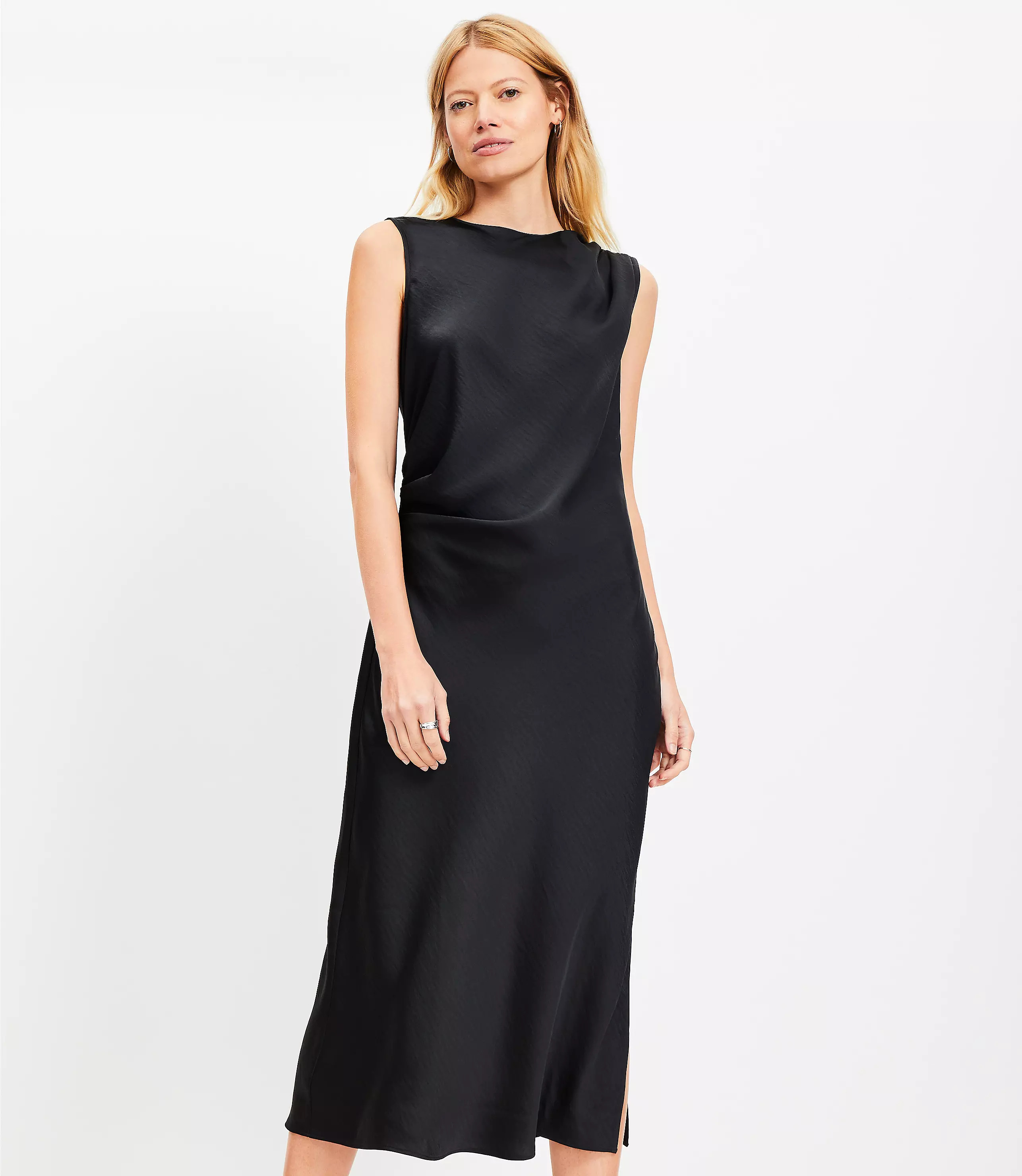 Satin Side Ruched Bias Midi Dress | LOFT