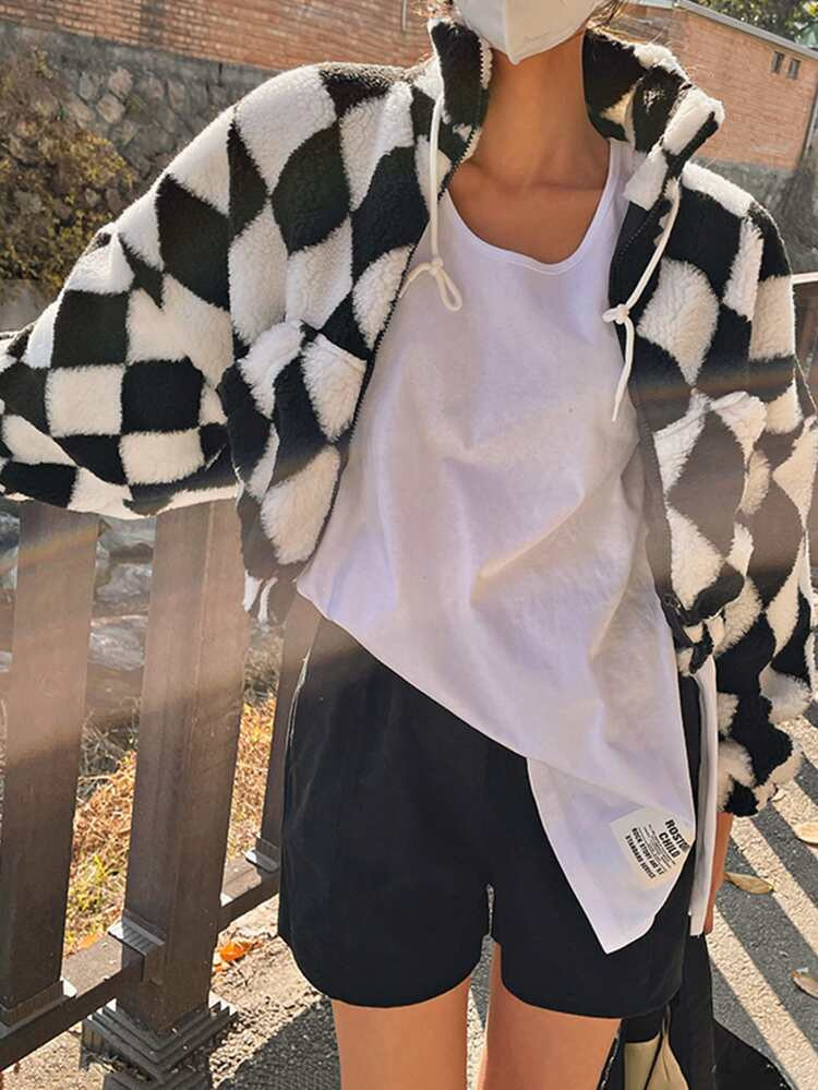 DAZY Geometric Print Drawstring Zipper Drop Shoulder Teddy Jacket | SHEIN