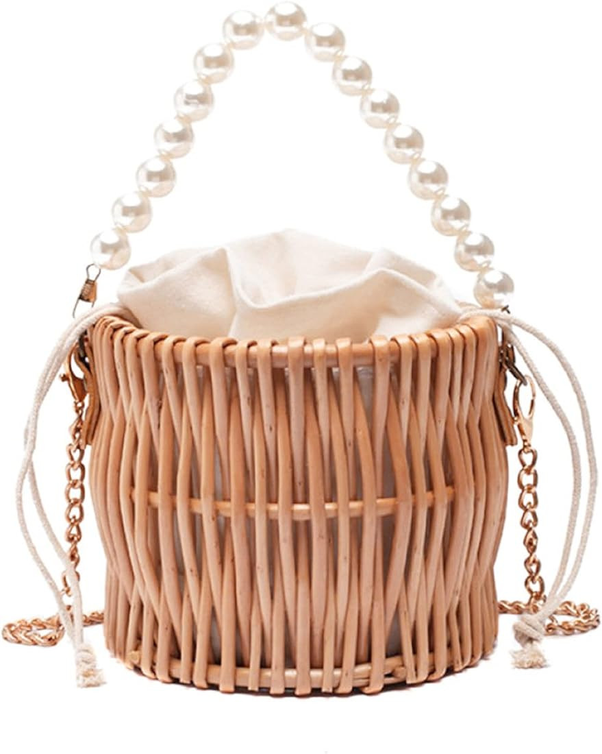 Straw Purse Beach Purse Wicker Bag for Women Beach Straw Bag Rattan Bag Basket Purse Pearl Straw Tot | Amazon (US)