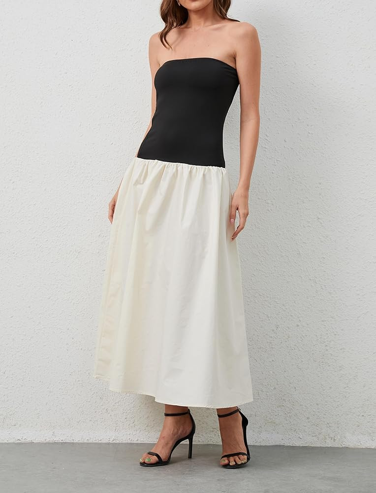 Women Summer Strapless Maxi Tube Dress Sleeveless Patchwork Off Shoulder Color Block Bandeau Swing Long Dress Black Apricot, Small | Amazon (US)