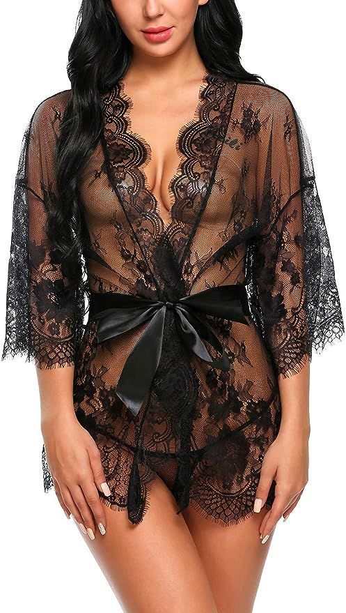 Avidlove Women's Lace Kimono Robe Babydoll Lingerie Mesh Nightgown S-5XL | Amazon (US)