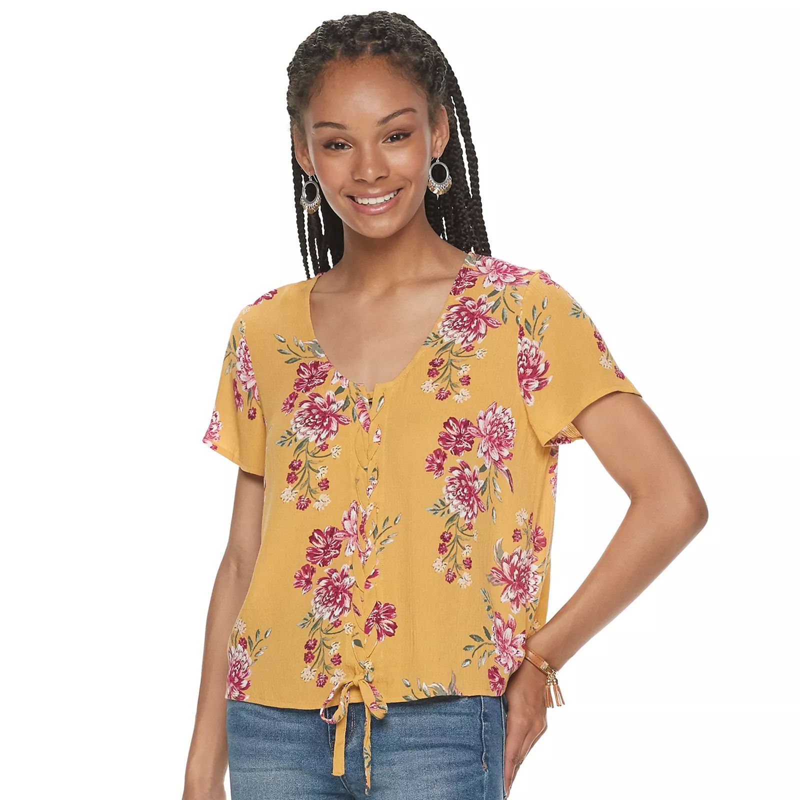 Juniors' Pink Republic Short Flutter Sleeve Lace-Up Front Top, Girl's, Size: XS, Med Yellow | Kohl's