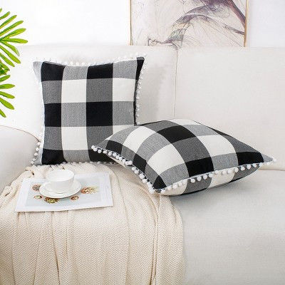 PiccoCasa Buffalo Check Plaid with Pompoms Decorative Cushion Cover Throw Pillow Cover Black Beige White 18" x 18" 2 Pcs | Target