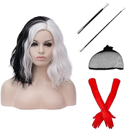 Cying Lin Short Bob Wavy Curly Wig Lady Costume Black and White Wig For Women Cosplay Halloween W... | Amazon (US)