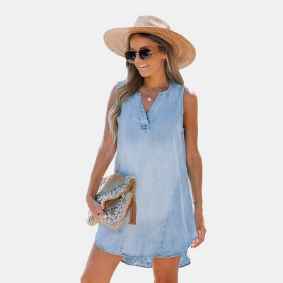 Women's Denim V-Neck Mini Dress - Cupshe-S-Light Blue Denim | Target