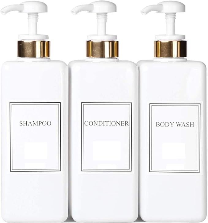 White Opaque Bottle with Gold White Head Empty Plastic Pump Bottles Square Shampoo Bottle Conditi... | Amazon (US)