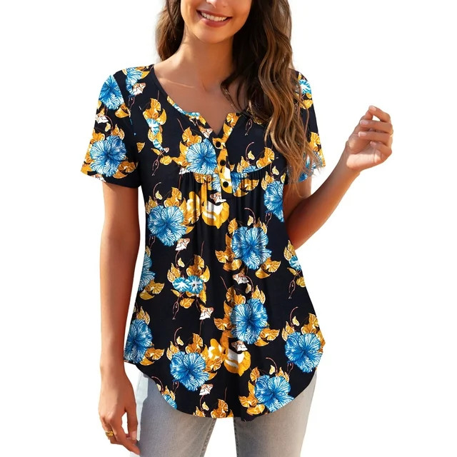 a.Jesdani Womens Plus Size Tunic Tops Short Sleeve Casual Floral Henley Shirts m-4x | Walmart (US)