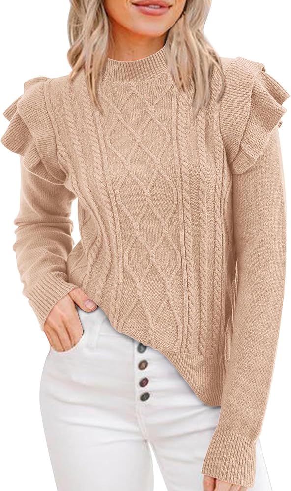 KIRUNDO Women's 2023 Fall Winter Fashion Ruffle Long Sleeve Chunky Cable Knit Sweater Casual Crew Neck Ribbed Pullover | Amazon (US)