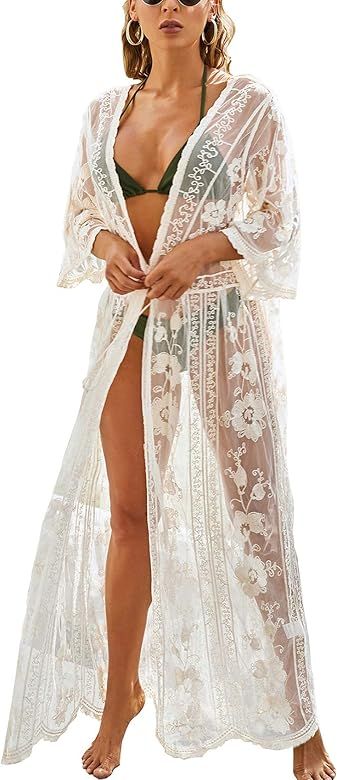 FaroDor Women's Flowy Bathing Suit Kimono Cardigan Lace Crochet Swimwear Floral Cover Ups | Amazon (US)