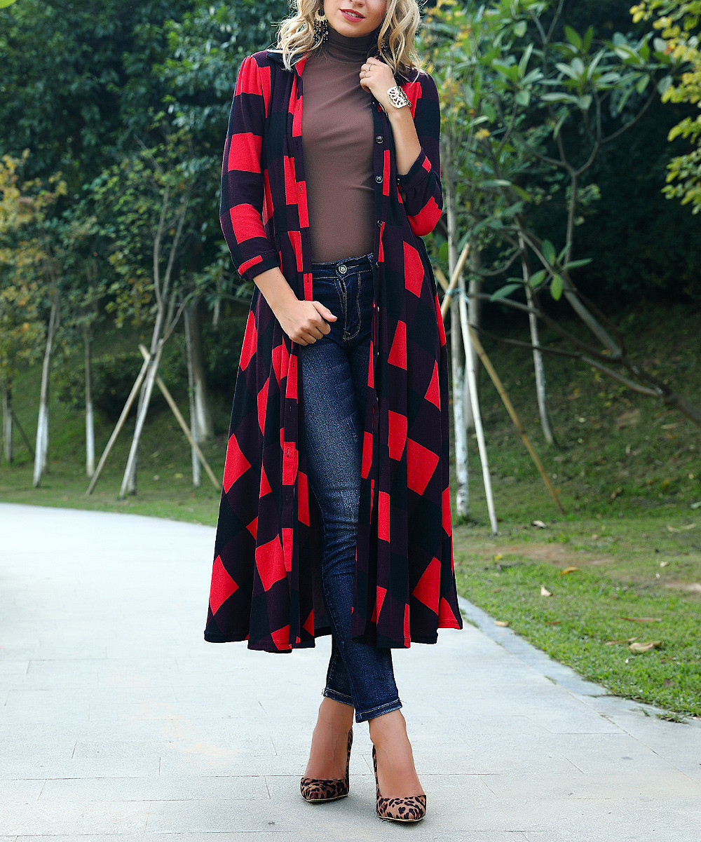 Reborn Collection Women's Dusters Black - Black & Red Plaid Duster - Women & Plus | Zulily