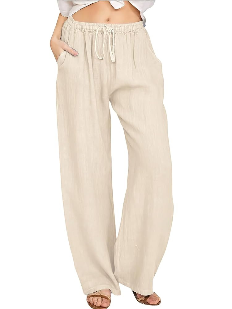 ebossy Women's Cotton Linen Pants Elastic High Waist Drawstring Wide Leg Lounge Palazzo Yoga Trou... | Amazon (CA)