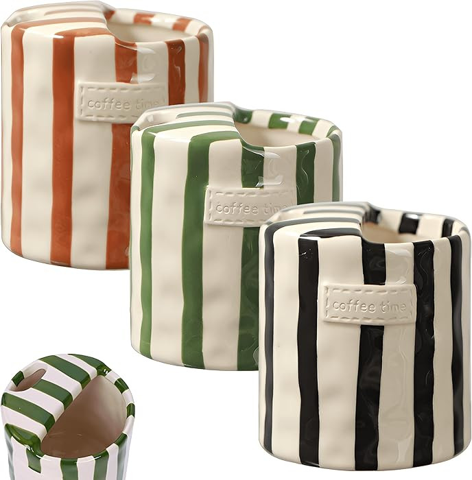 3 Pack Retro Striped Ceramic Coffee Mug 10oz Espresso Mugs Art Hand-Painted Double-Enjoy Cup for ... | Amazon (US)