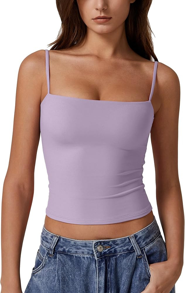 QINSEN Women's Double Lined Basic Tank Top Adjustable Spaghetti Straps Sleeveless Camisole Shirts | Amazon (US)