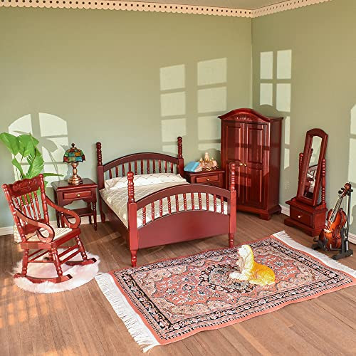 iLAND Vintage Dollhouse Furniture 1/12 Scale, Dollhouse Bedroom Furniture in Mahogany Color incl Dollhouse Bed & Mirror Full Length & Wardrobe & Bedside Table & Rocking Chair (Brewster 7pcs) | Amazon (US)