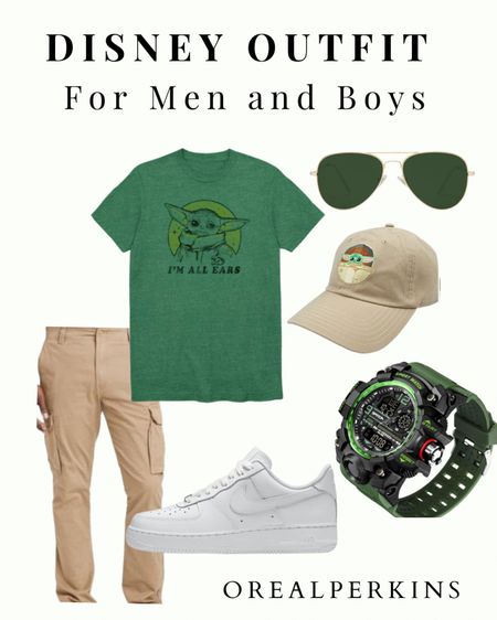 Disney outfit for men and boys. If you have a Star Wars, Mandalorian or Baby Yoda Fqn then this is for you. The Nike Air Force Ones bring the look together and keeps it casual with the joggers. Aviators are always in for men. #disney #disneyoutfit

#LTKmens #LTKstyletip #LTKtravel