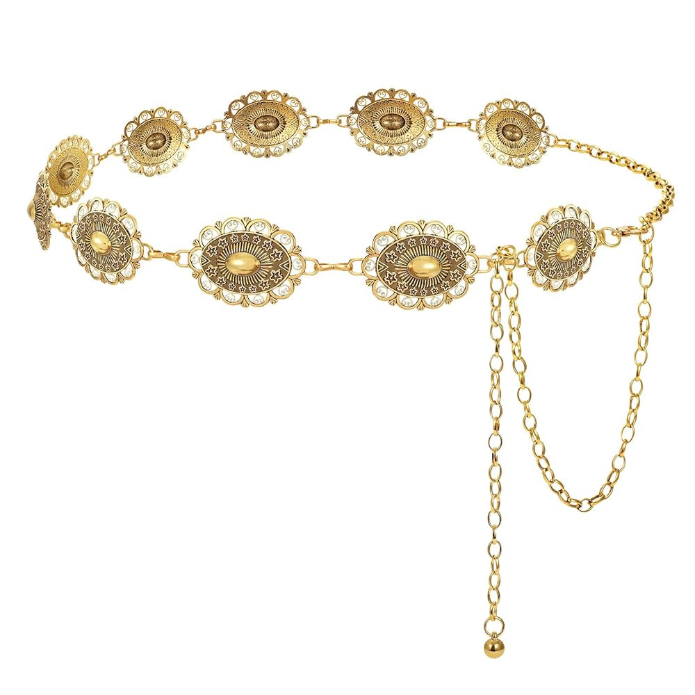 LEACOOLKEY Western Metal Concho Belt for Women Cowgirl Boho Waist Chain Belt for Dresses Jeans Pa... | Amazon (US)