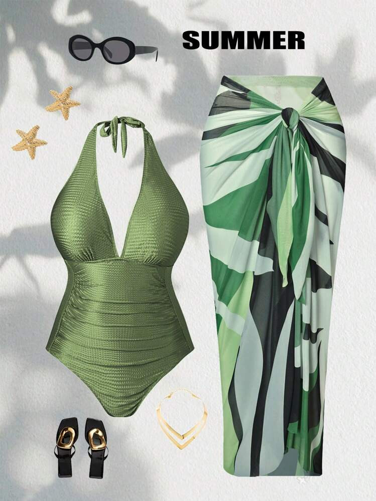 Plus Size Draw String Halter One-Piece Swimsuit And All-Over Allover Print Skirt Set Summer | SHEIN