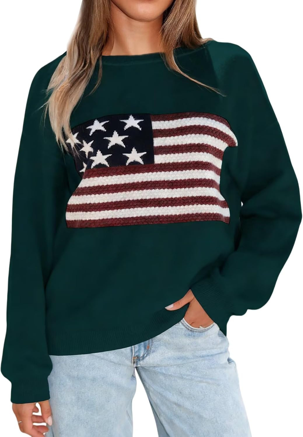 BONITEE Womens American Flag Knit Sweater Long Sleeve USA Graphic Pullover | Amazon (US)