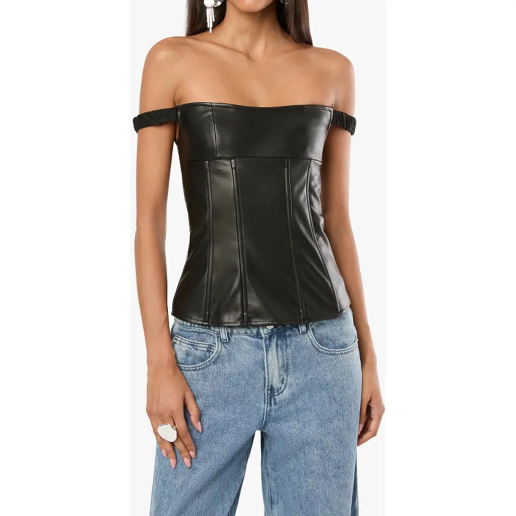 WeWoreWhat Off Shoulder Vegan Leather Corset in Black at Nordstrom, Size 6 | Nordstrom