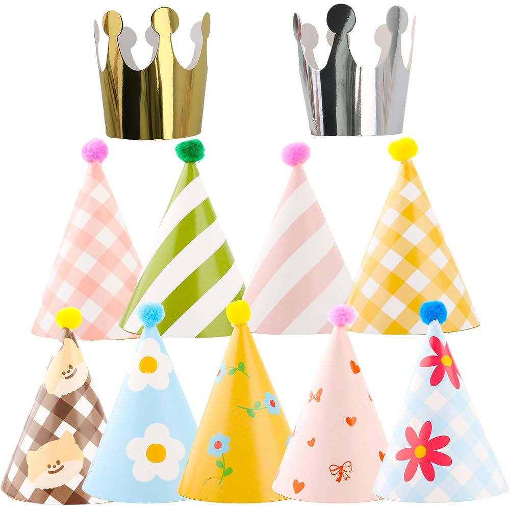 Olen Party Hats for Kids Birthday, 11 Pack Birthday Hats with Pom Poms, Paper Cone Caps for Stuff... | Amazon (US)