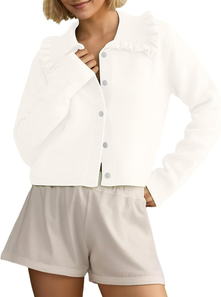 MISSACTIVER Women Ruffle Collar Cropped Cardigan Casual Lapel Button Down Sweaters Long Sleeve Op... | Amazon (US)