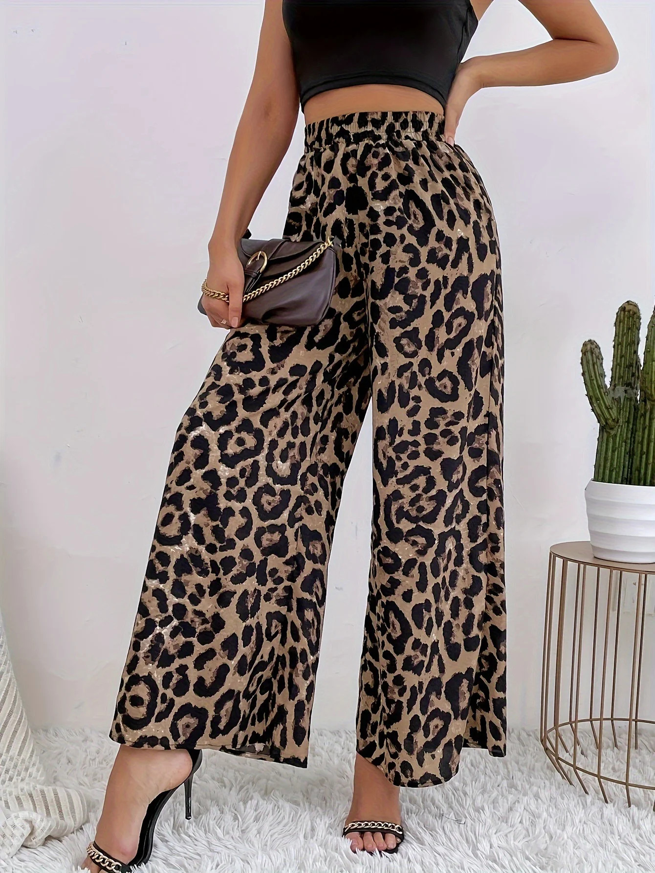 Pantalones Palazzo con Cintura Elástica y Cintura Ancha con Estampado de Leopardo para Mujer | Walmart (US)