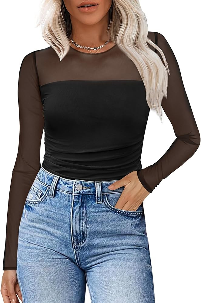 XIEERDUO Women's Sexy Sheer Long Sleeve Tops Crew Neck Mesh Ruched Going Out Shirts Blouse Date N... | Amazon (US)