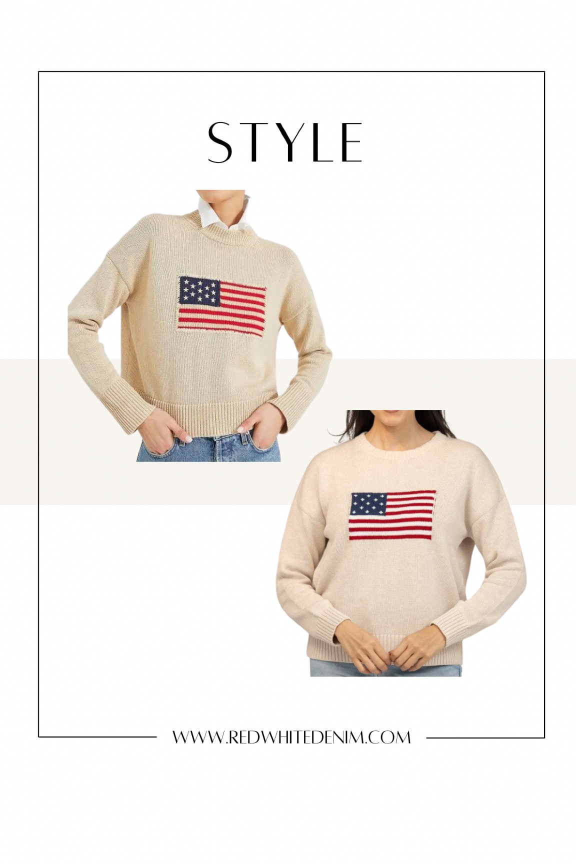 My exact American Flag Sweater AND a great more affordable option (that looks almost identical!) I love that this style is 100% cotton and shorter in length.

I’m wearing a size small in mine. 