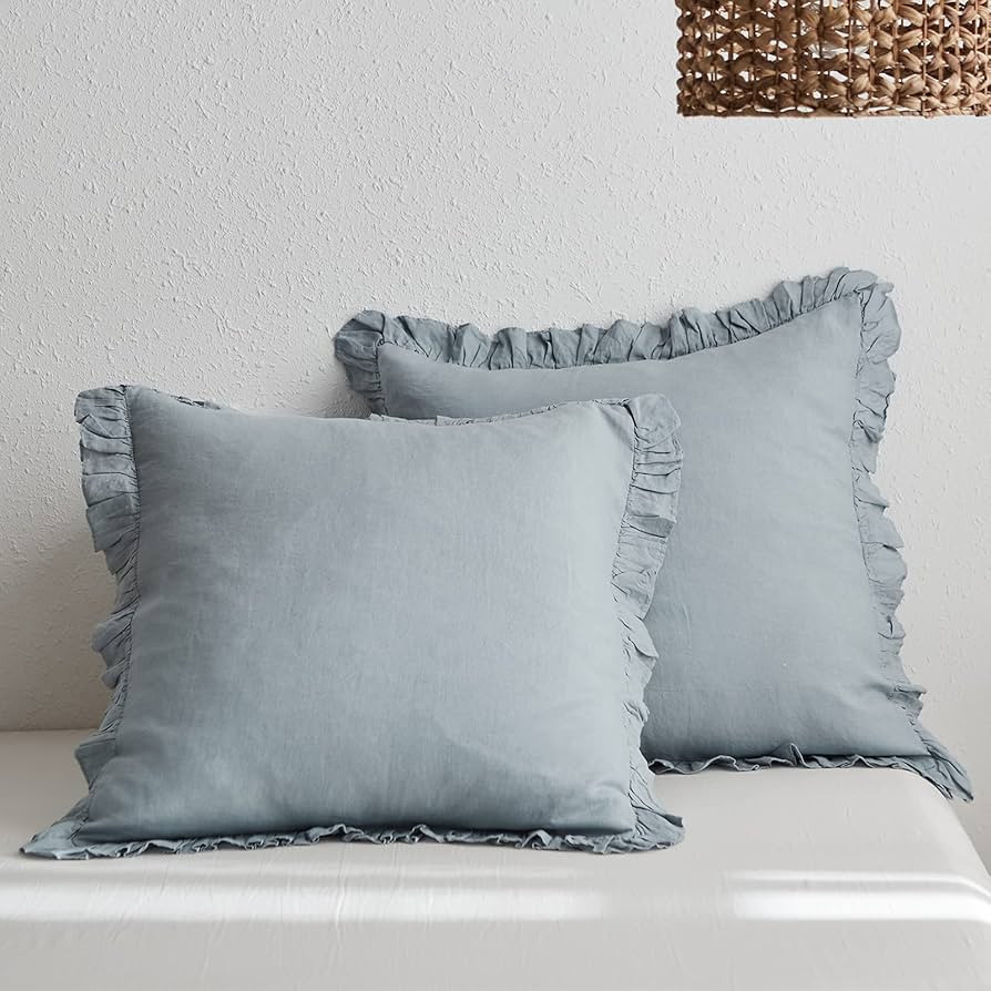100% French Linen Euro Shams with Ruffles - Set of 2 - Washed Solid Color Natural Flax Soft Breat... | Amazon (US)