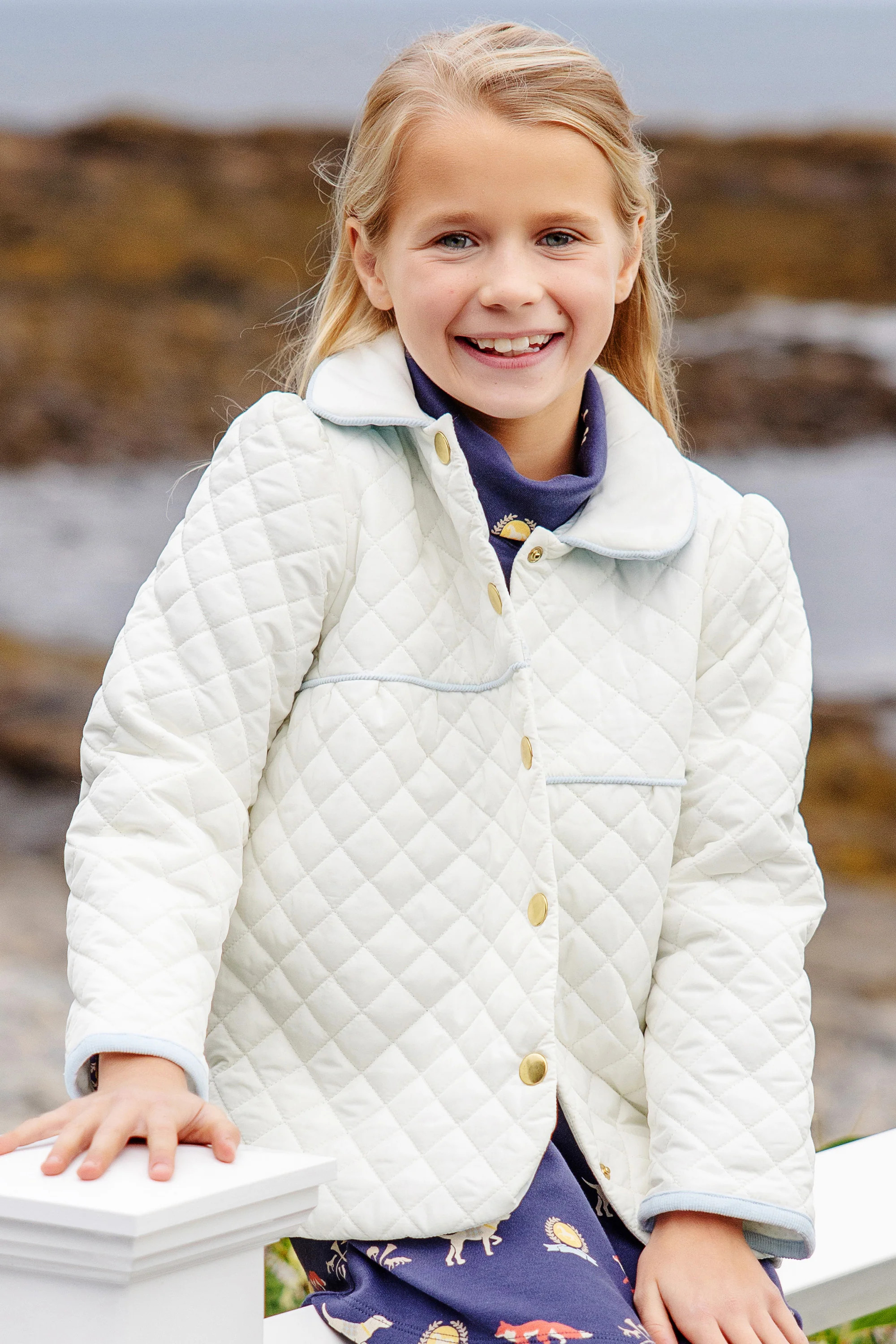 Carlyle Quilted Coat - Palmetto Pearl with Buckhead Blue Micro Dot Lining & Brass Buttons | The Beaufort Bonnet Company