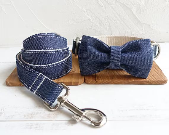 Denim Dog Collar With Bow and Lead Set Personlaized Solid | Etsy | Etsy (AU)