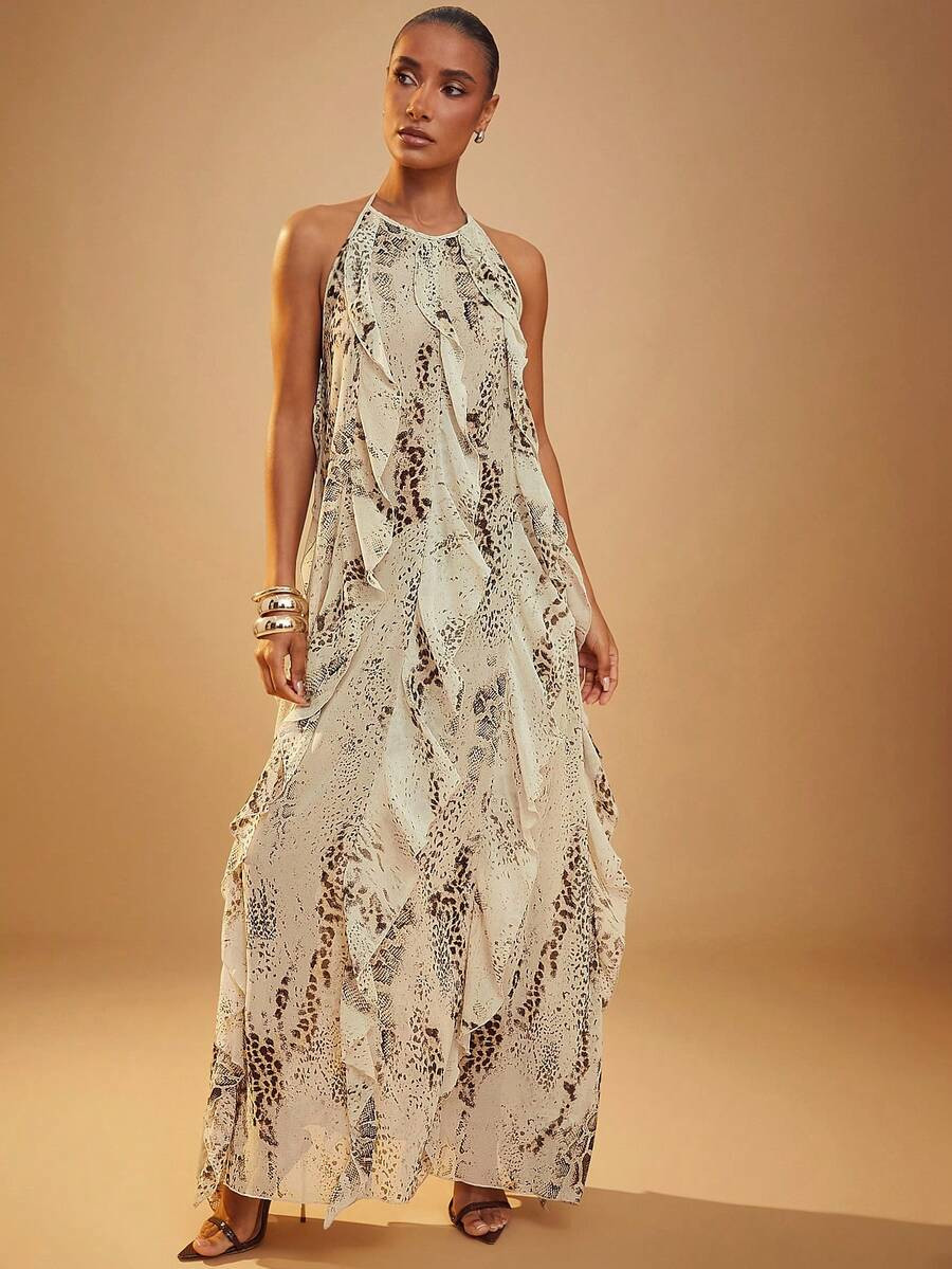 Hauture Women's Snake Print Layered Ruffle Hem Maxi Halter Neck Dress | SHEIN