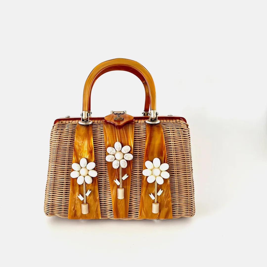 Vintage 1960s Tropical Miami Wicker and Lucite Purse With Flowers - Etsy | Etsy (US)